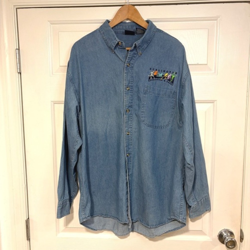 Mens XL Cotton Denim VTG Burlington Recreation & Parks Button Up Shirt Long Slee